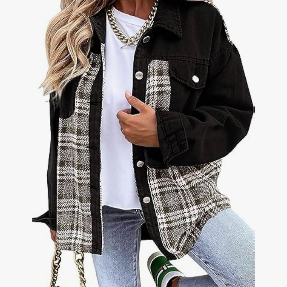 SALE DENIM & PLAID SHACKET JACKET